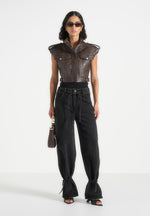 Imelda - Croc Embossed Wide Shoulder Sleeveless Jacket - Brown