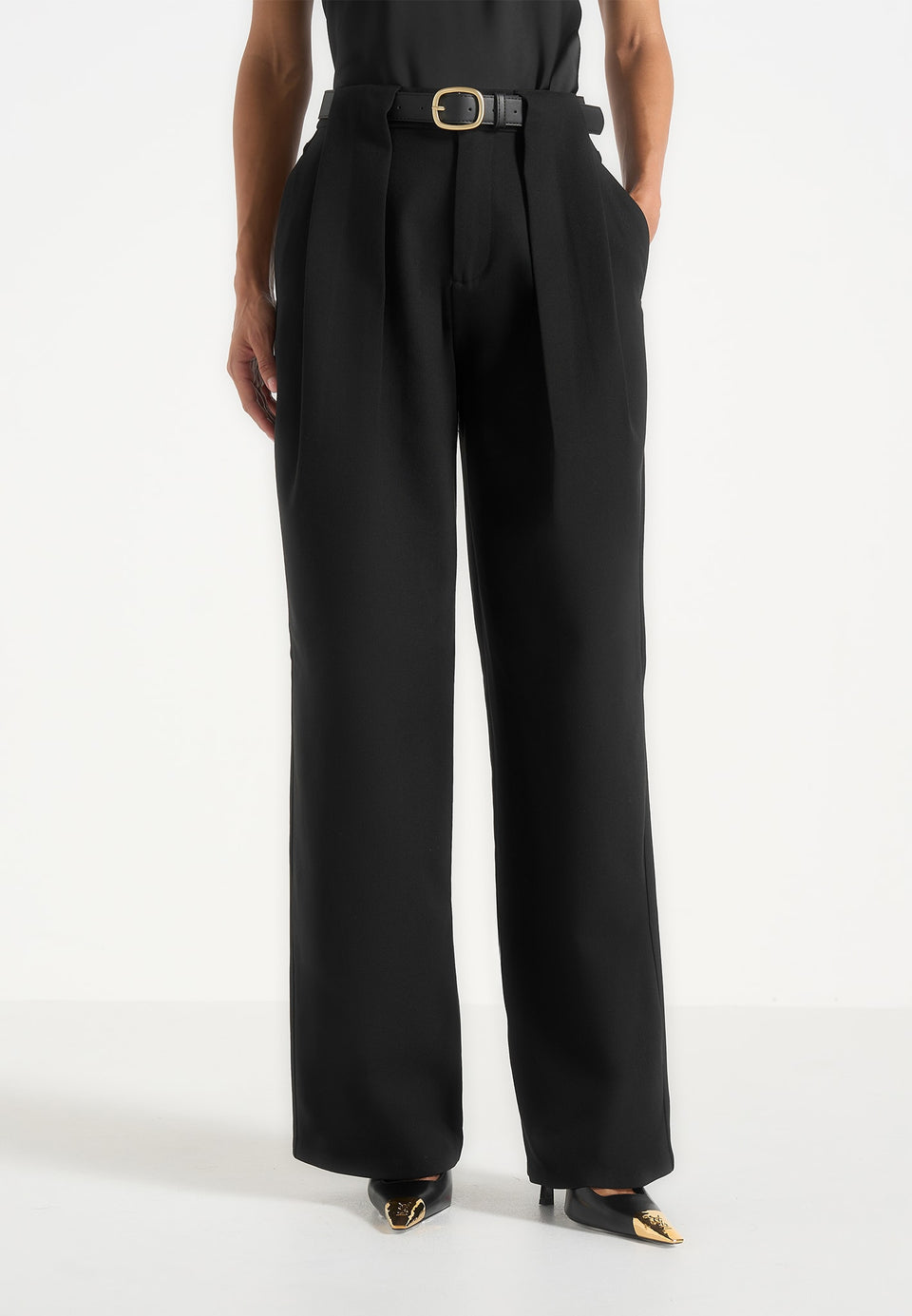 Jodie - Belted Box Pleat Tailored Trousers - Black