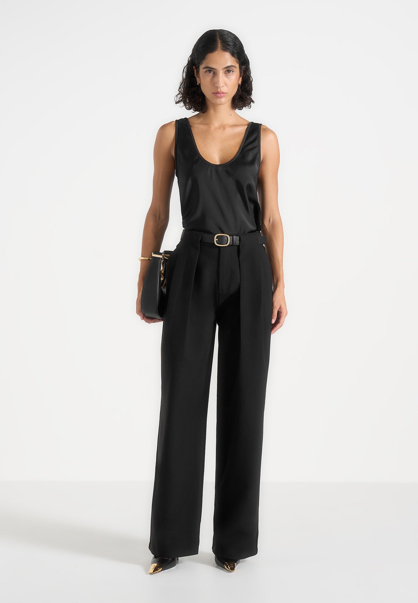 Jodie - Belted Box Pleat Tailored Trousers - Black