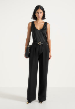 Jodie - Belted Box Pleat Tailored Trousers - Black