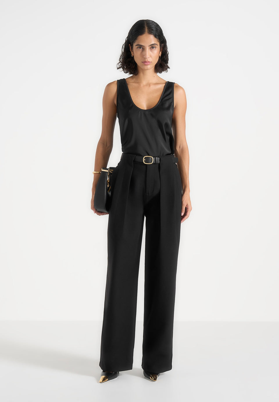 Jodie - Belted Box Pleat Tailored Trousers - Black
