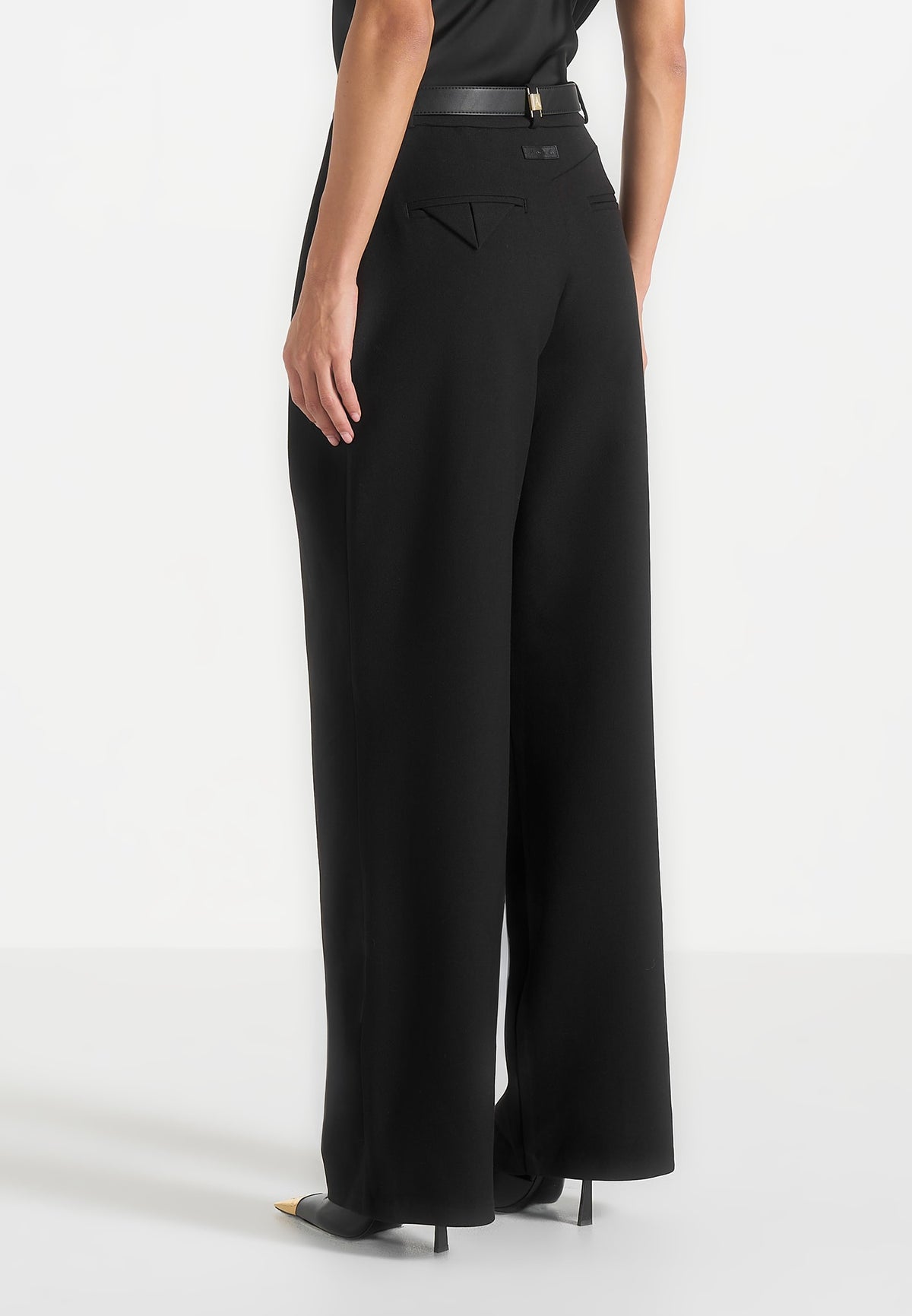 Jodie - Belted Box Pleat Tailored Trousers - Black