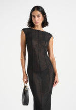 Ulina - Seamed Sheer Back Hardware Detail Maxi Dress - Black