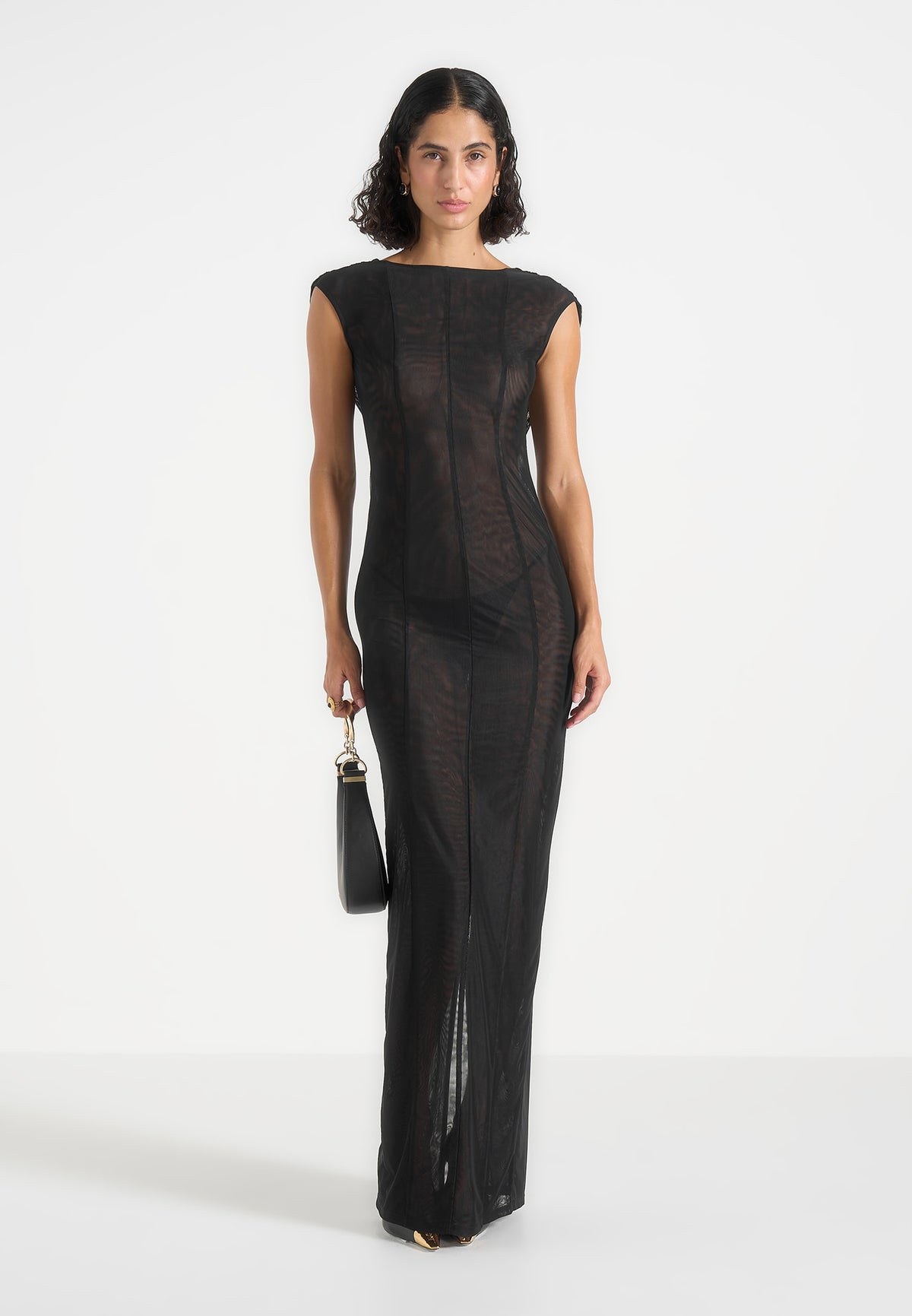Ulina - Seamed Sheer Back Hardware Detail Maxi Dress - Black