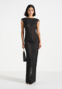 Ulina - Seamed Sheer Back Hardware Detail Maxi Dress - Black