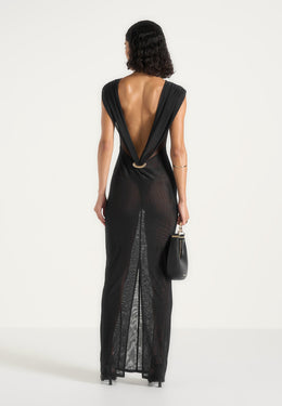 Ulina - Seamed Sheer Back Hardware Detail Maxi Dress - Black