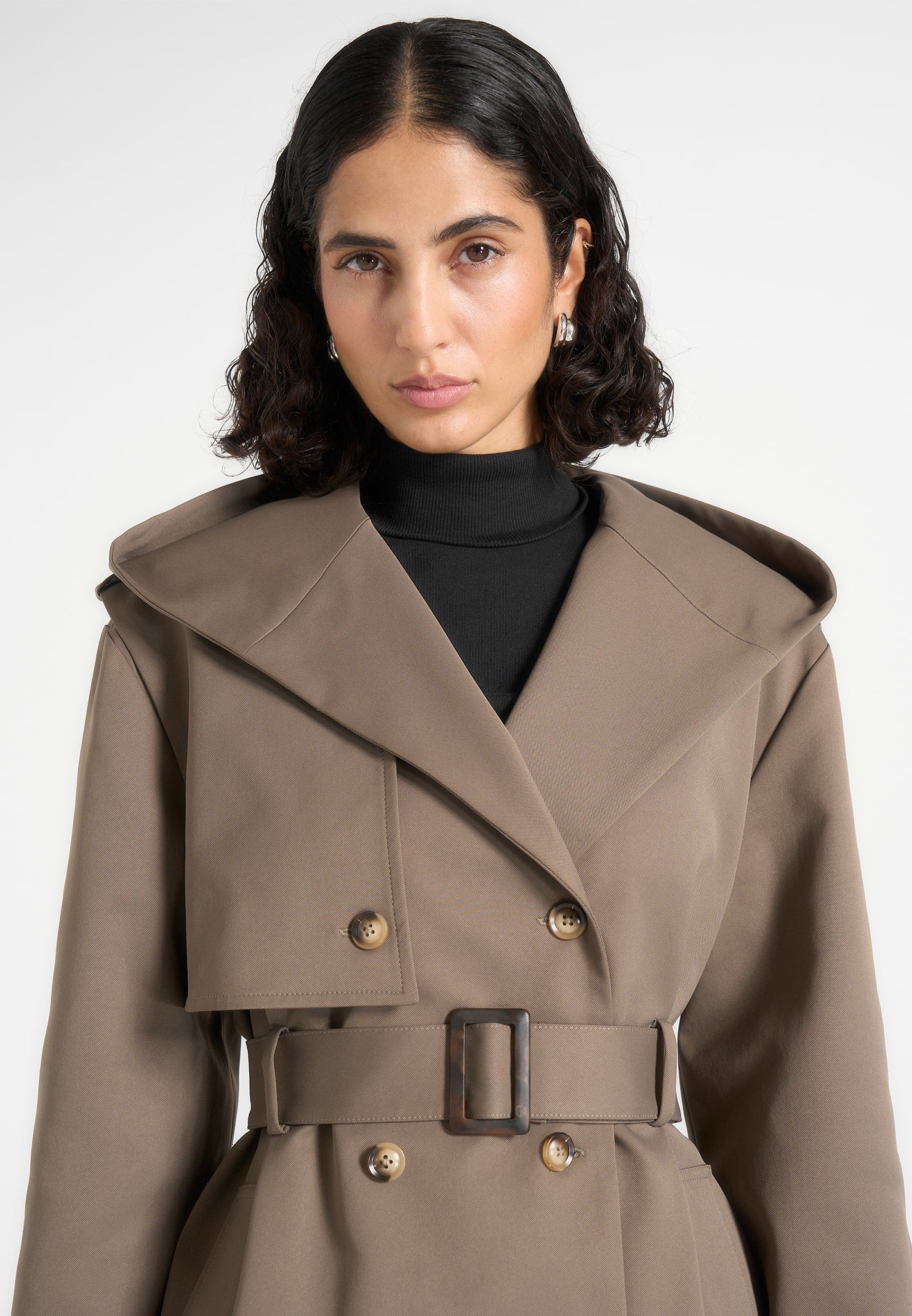 Kassidy - Hooded Double Breasted Wool-Blend Trench Coat - Olive