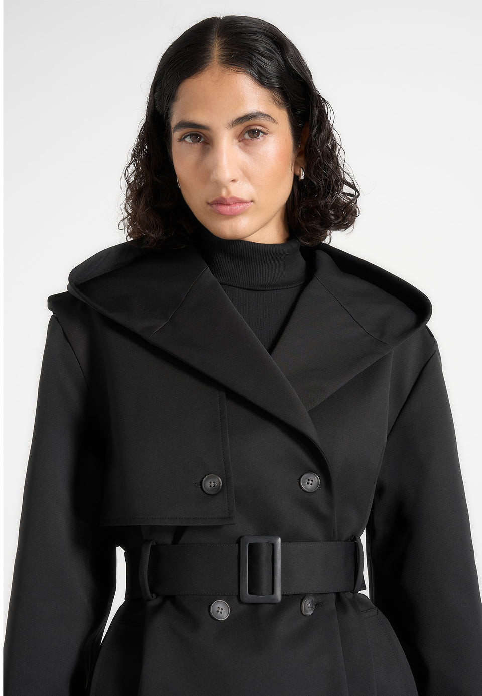 Kassidy - Hooded Double Breasted Wool-Blend Trench Coat - Black