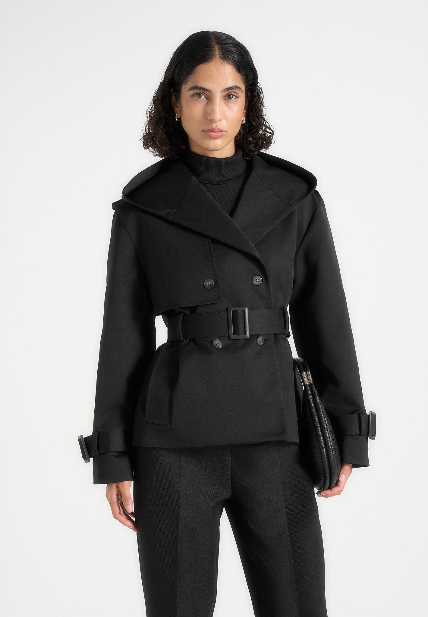 Kassidy - Hooded Double Breasted Wool-Blend Trench Coat - Black