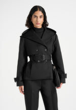 Kassidy - Hooded Double Breasted Wool-Blend Trench Coat - Black