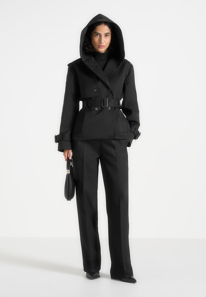 Kassidy - Hooded Double Breasted Wool-Blend Trench Coat - Black
