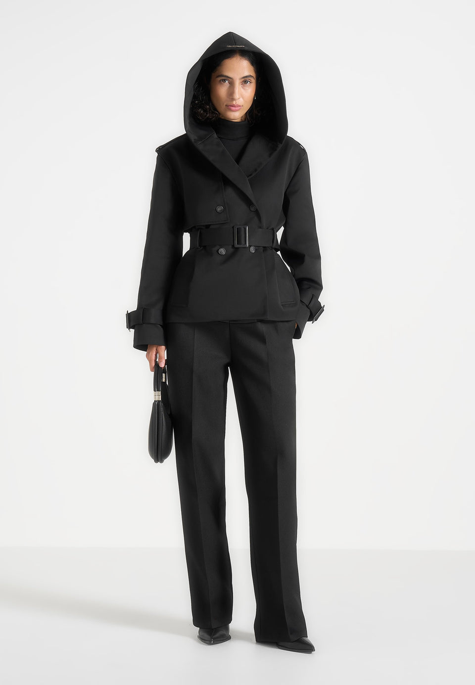 Kassidy - Hooded Double Breasted Wool-Blend Trench Coat - Black