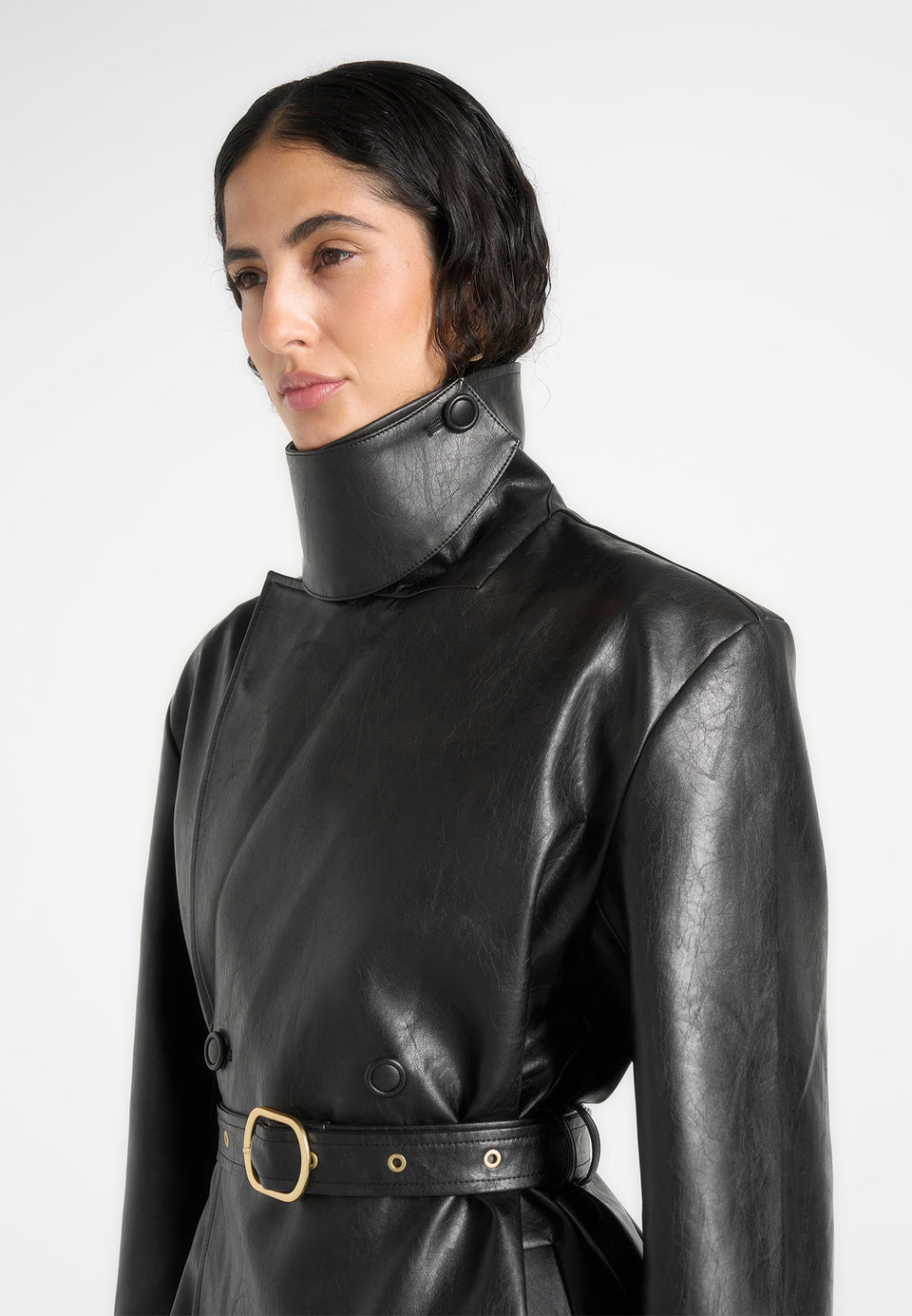 Opal - Belted Leather Blazer Jacket - Black