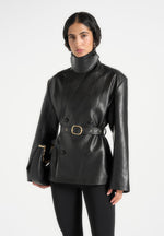 Opal - Belted Leather Blazer Jacket - Black