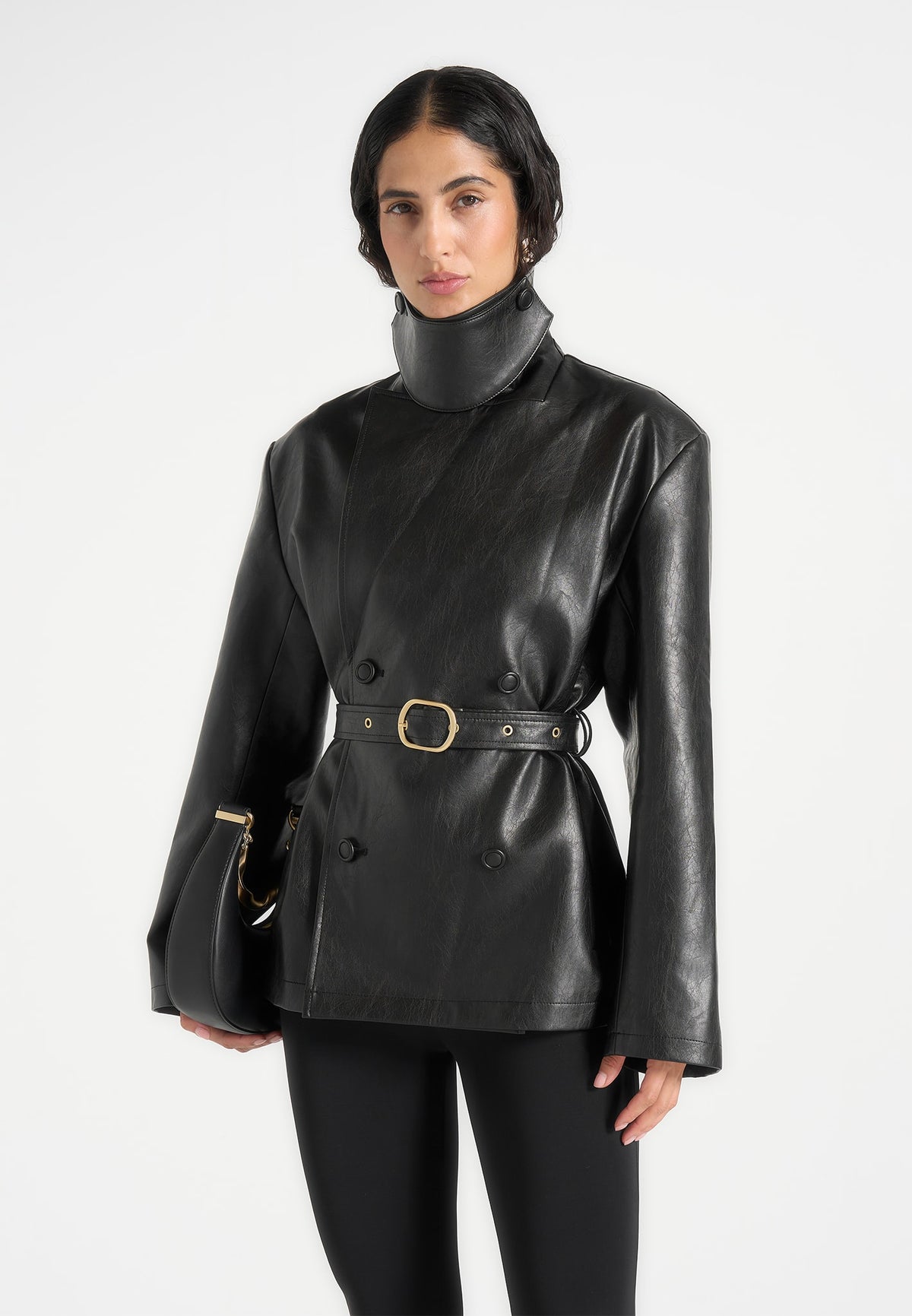 Opal - Belted Leather Blazer Jacket - Black