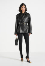 Opal - Belted Leather Blazer Jacket - Black