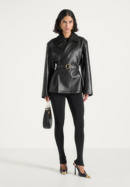 Opal - Belted Leather Blazer Jacket - Black