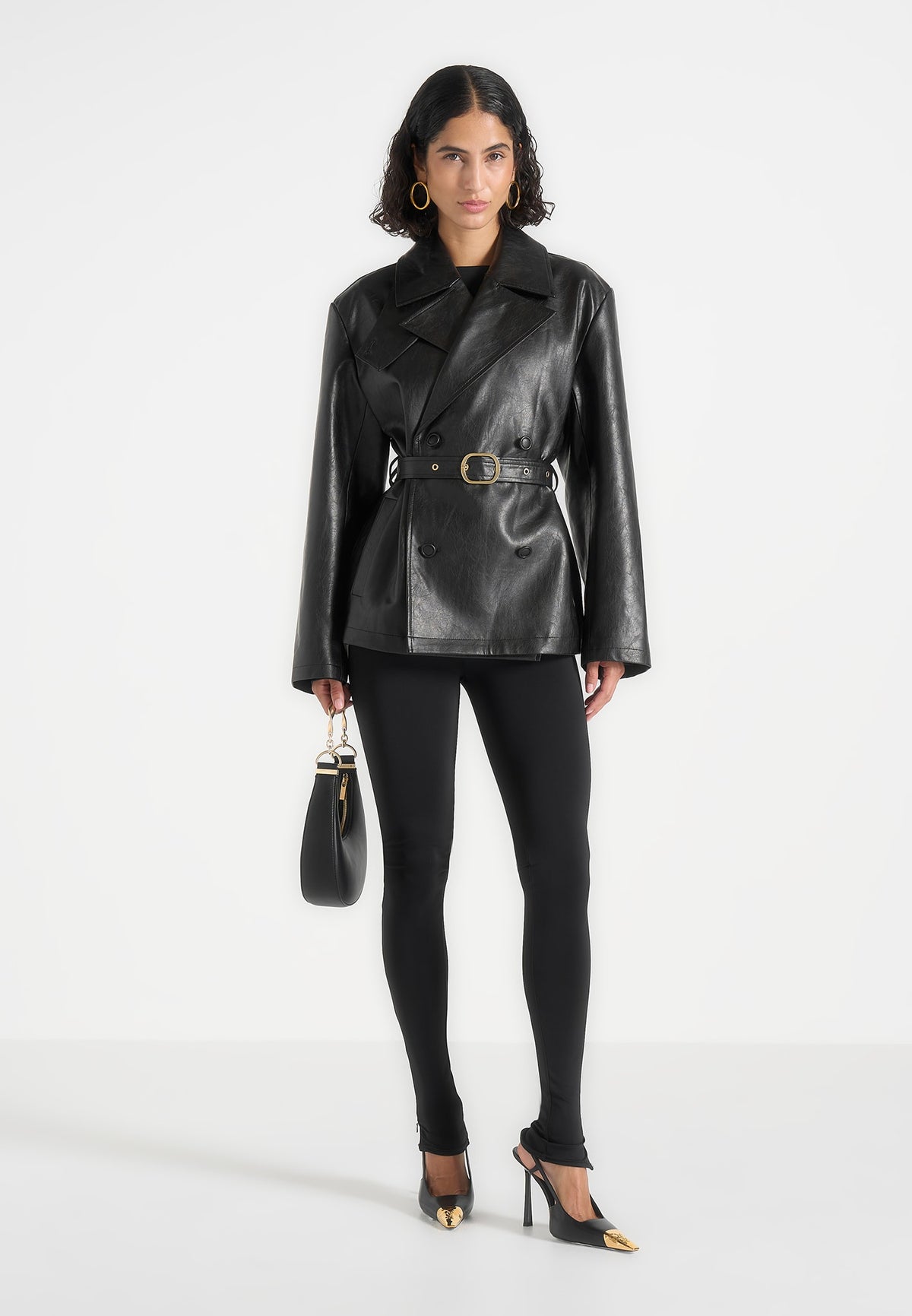 Opal - Belted Leather Blazer Jacket - Black