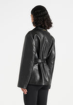 Opal - Belted Leather Blazer Jacket - Black