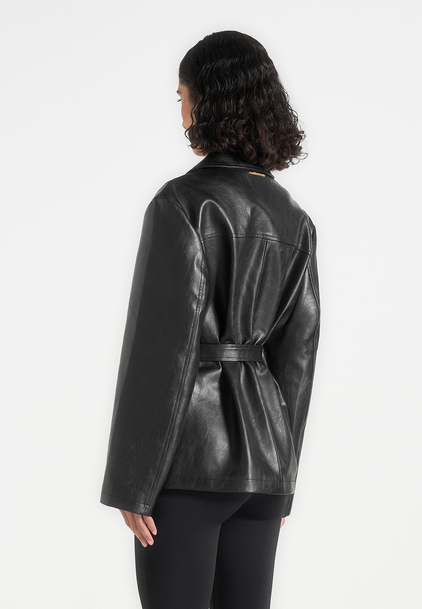 Opal - Belted Leather Blazer Jacket - Black