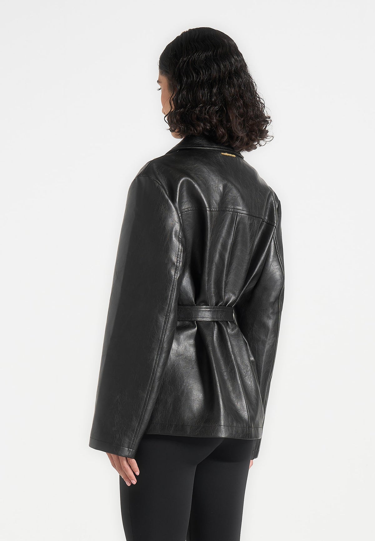 Opal - Belted Leather Blazer Jacket - Black