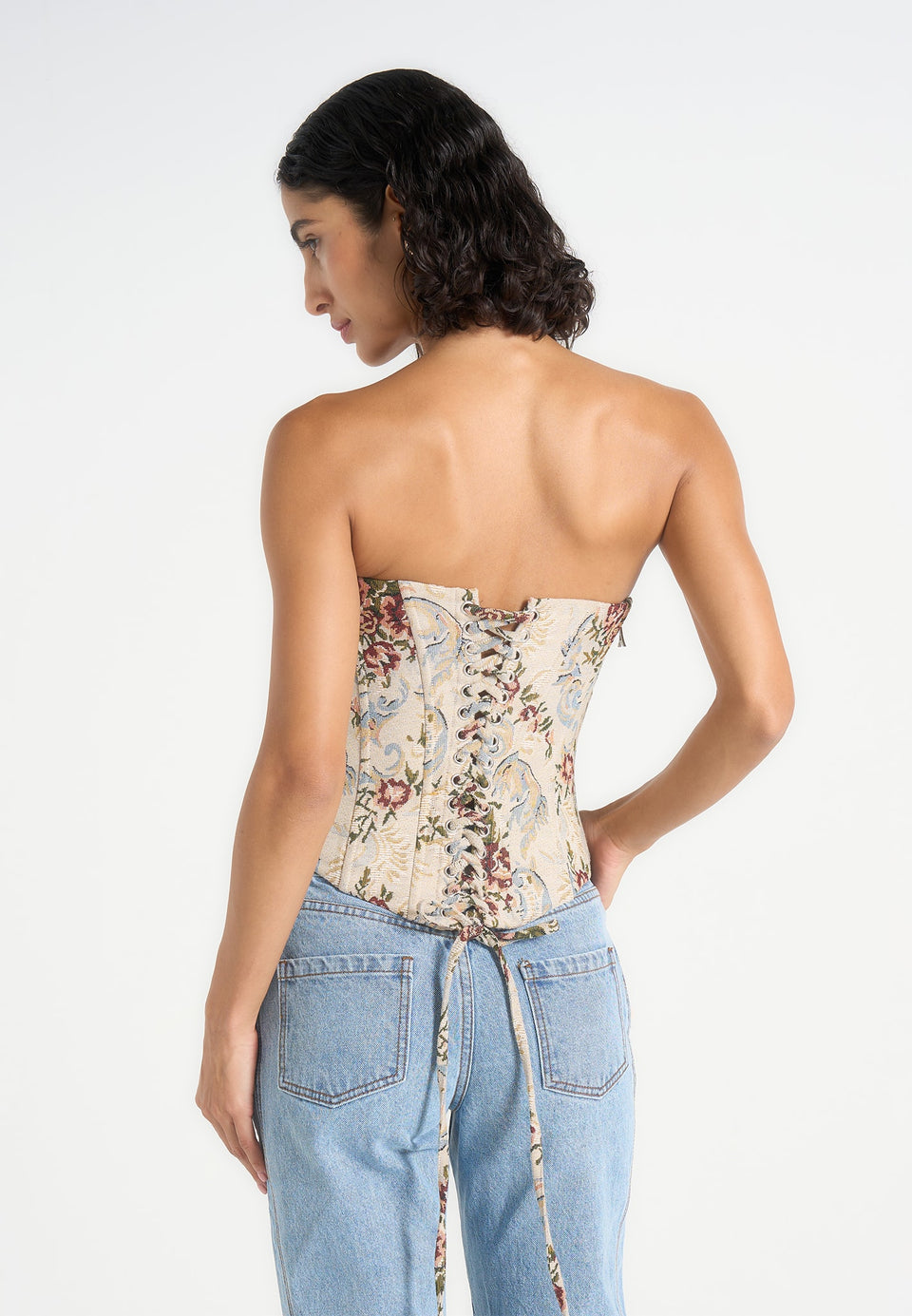Scarlett - Tapestry Lace Up Corset  - Beige