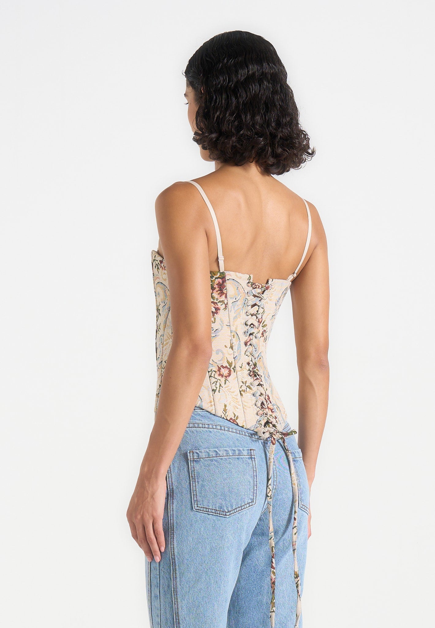 Scarlett - Tapestry Lace Up Corset  - Beige