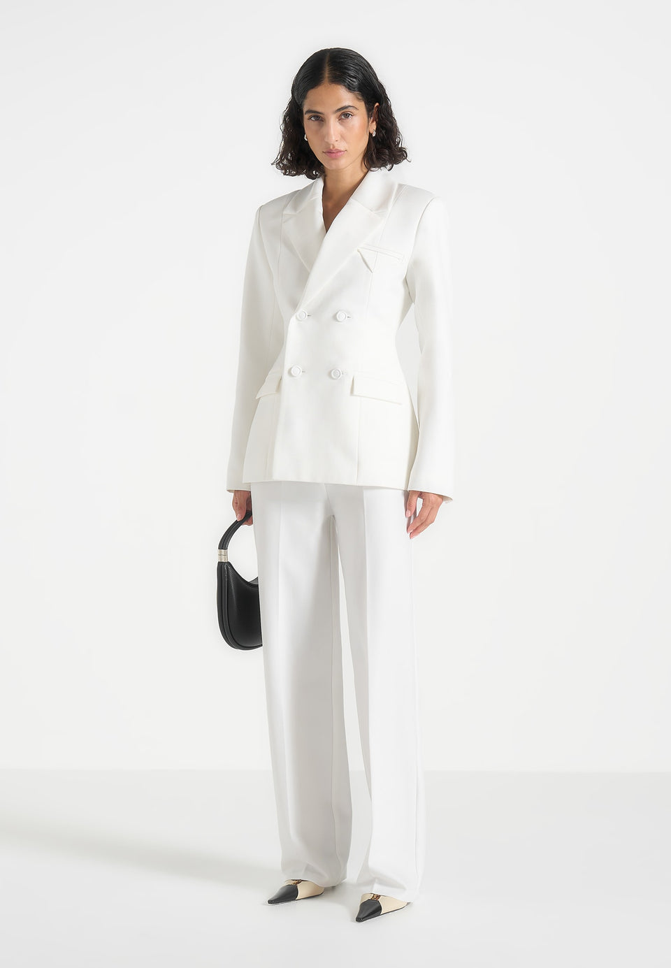 Maia - Double Breasted Satin Lapel Hourglass Blazer - White