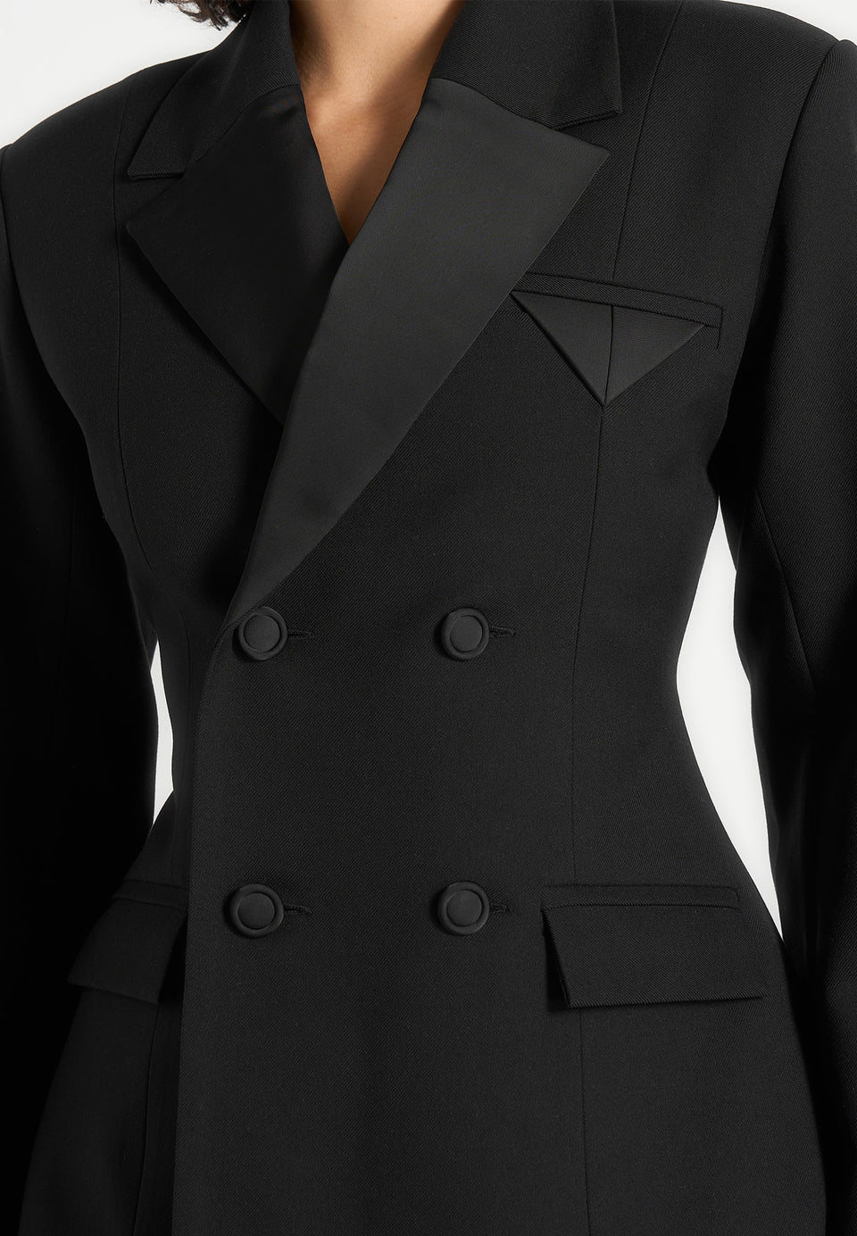 Maia - Double Breasted Satin Lapel Blazer Hourglass - Black