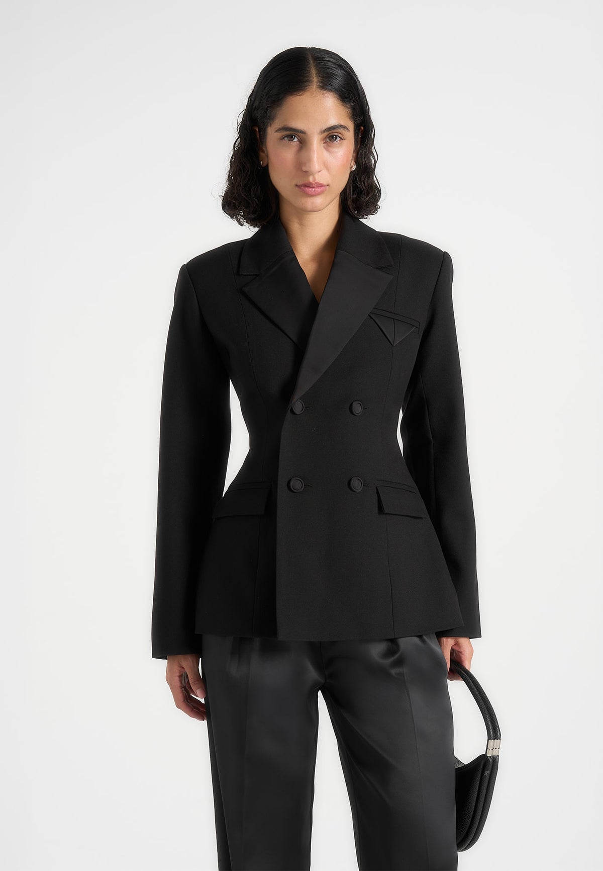 Maia - Double Breasted Satin Lapel Blazer Hourglass - Black