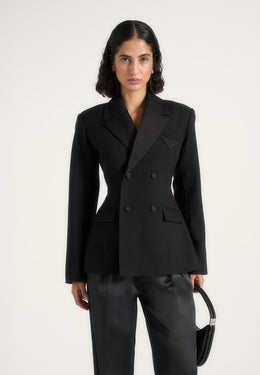 Maia - Double Breasted Satin Lapel Blazer Hourglass - Black