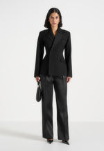 Maia - Double Breasted Satin Lapel Blazer Hourglass - Black