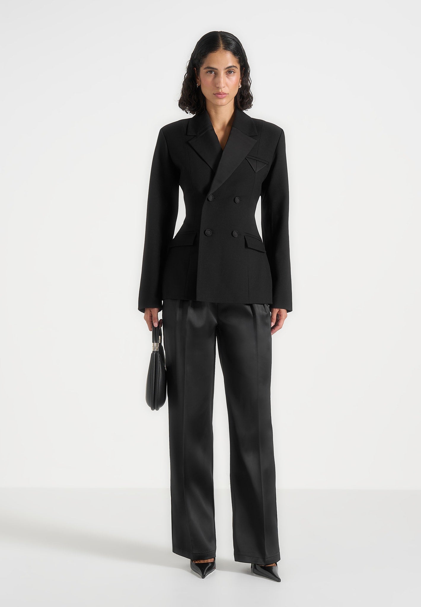 Maia - Double Breasted Satin Lapel Blazer Hourglass - Black