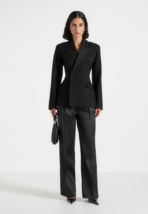 Maia - Double Breasted Satin Lapel Blazer Hourglass - Black