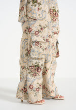 Emilie - High Waisted Tapestry Cargo Pants - Beige