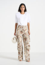 Emilie - High Waisted Tapestry Cargo Pants - Beige