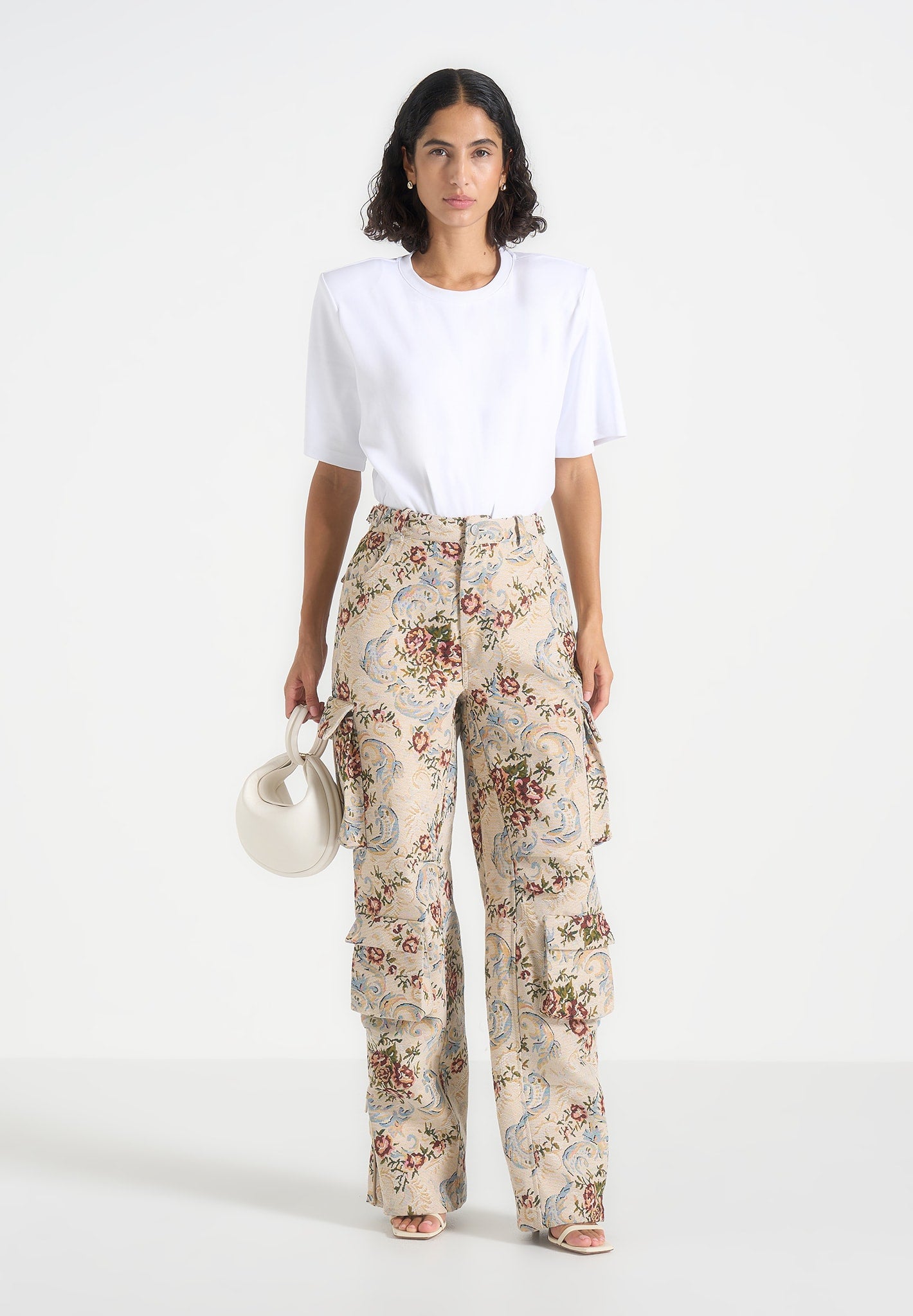 Emilie - High Waisted Tapestry Cargo Pants - Beige