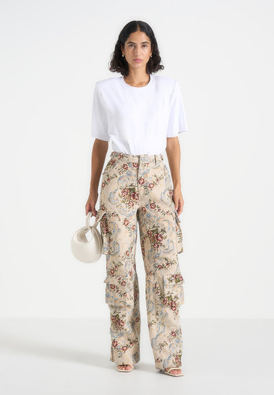 Emilie - High Waisted Tapestry Cargo Pants - Beige