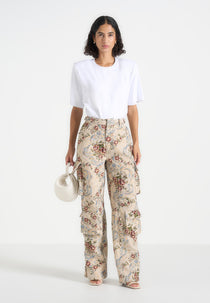 Emilie - High Waisted Tapestry Cargo Pants - Beige