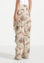 Emilie - High Waisted Tapestry Cargo Pants - Beige