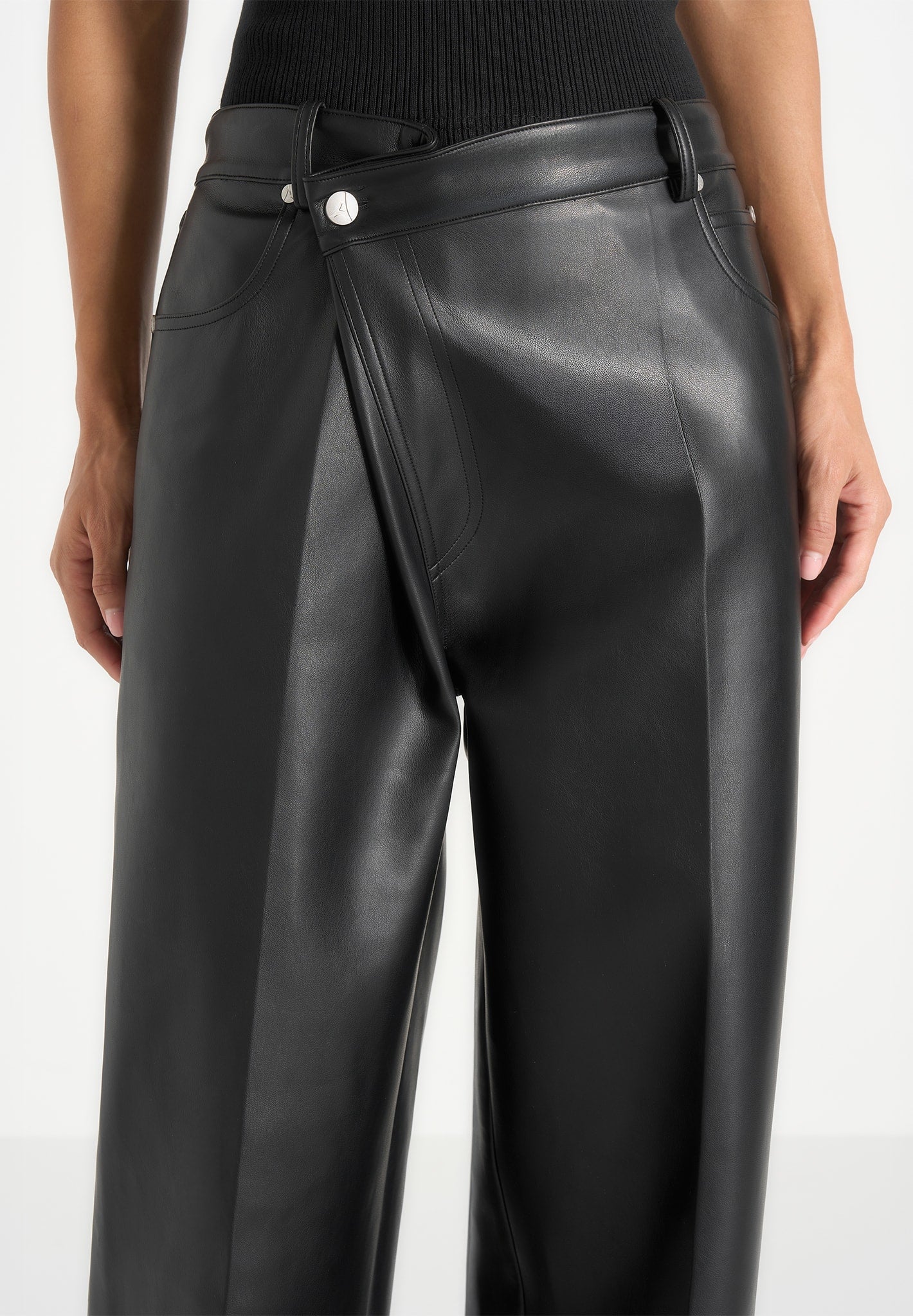 Astrid - Wrapover Wide Leg Leather Trousers - Black