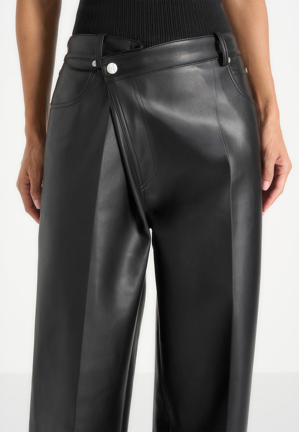 Astrid - Wrapover Wide Leg Leather Trousers - Black