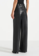 Astrid - Wrapover Wide Leg Leather Trousers - Black