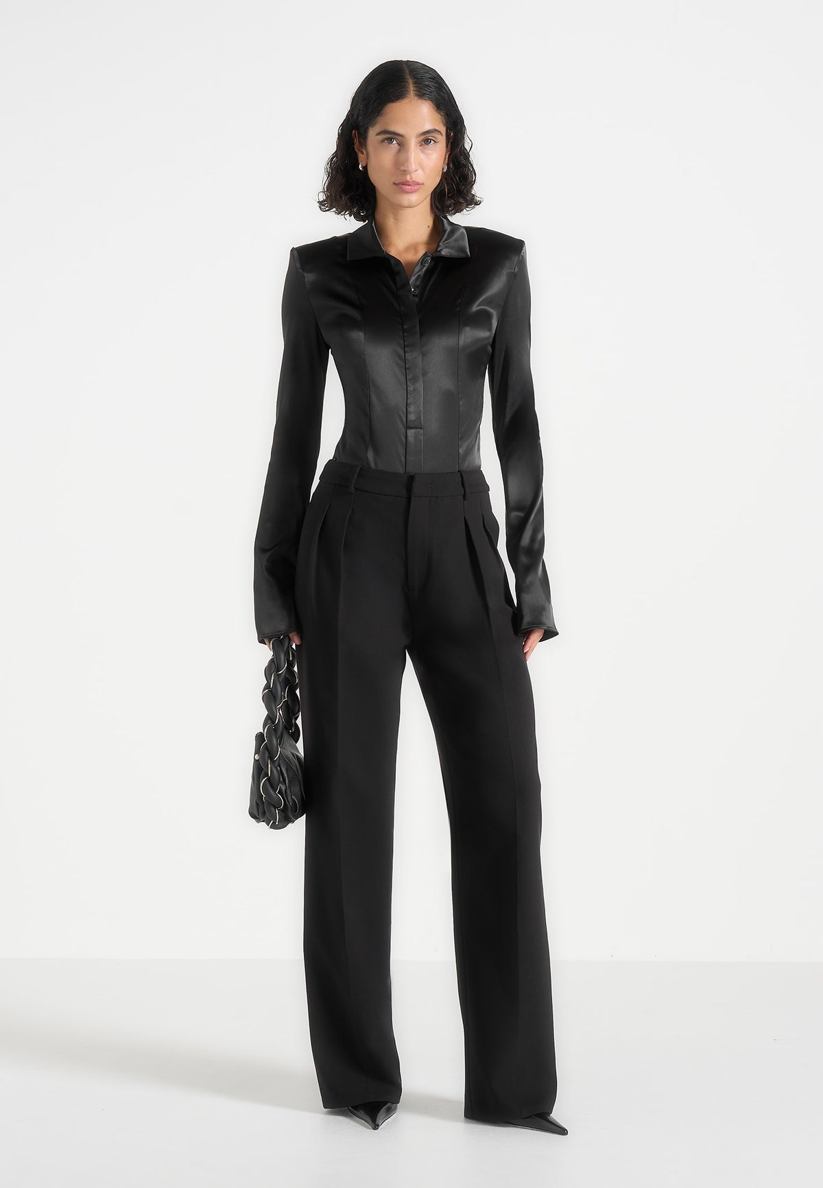 Louise - Wide Shoulder Satin Shirt Bodysuit - Black