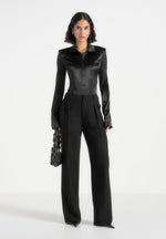 Louise - Wide Shoulder Satin Shirt Bodysuit - Black