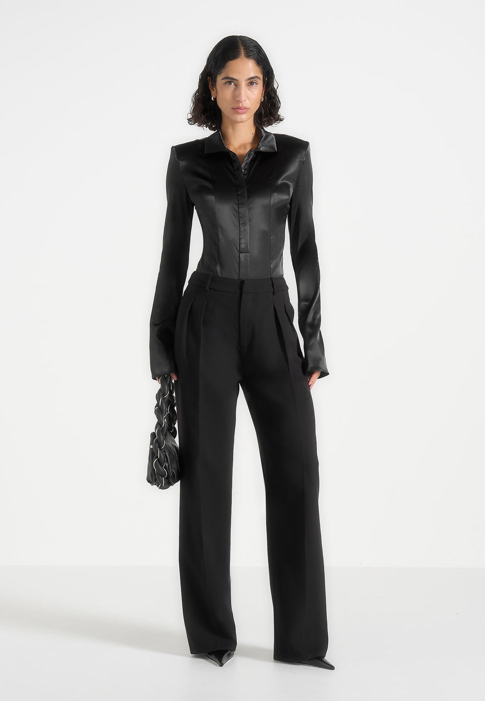 Louise - Wide Shoulder Satin Shirt Bodysuit - Black