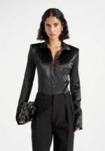Louise - Wide Shoulder Satin Shirt Bodysuit - Black
