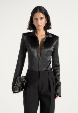 Louise - Wide Shoulder Satin Shirt Bodysuit - Black