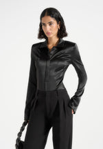 Louise - Wide Shoulder Satin Shirt Bodysuit - Black