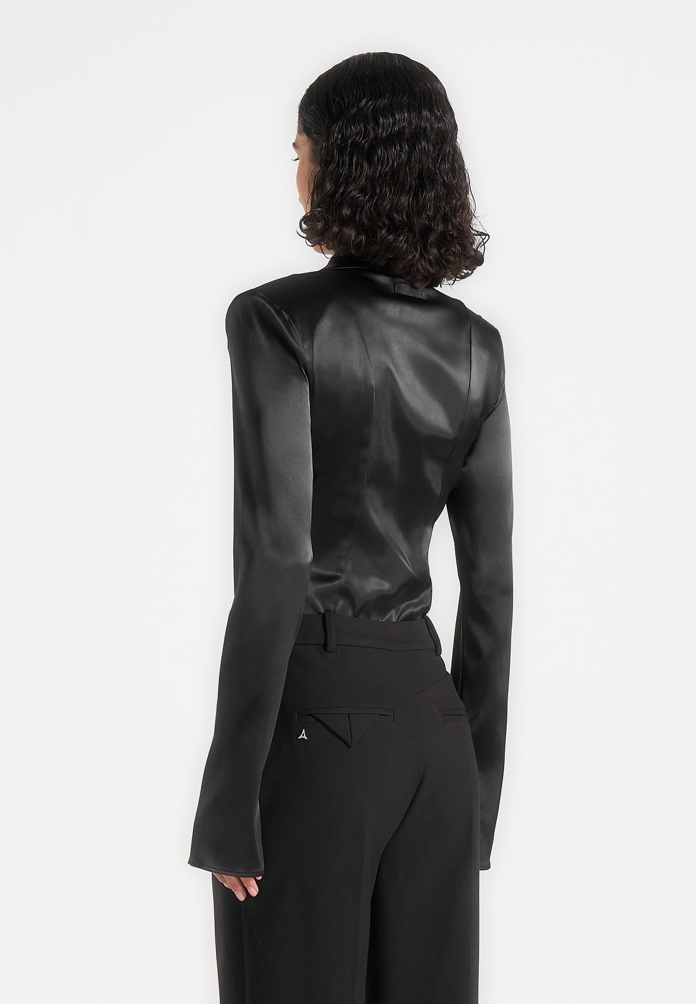 Louise - Wide Shoulder Satin Shirt Bodysuit - Black